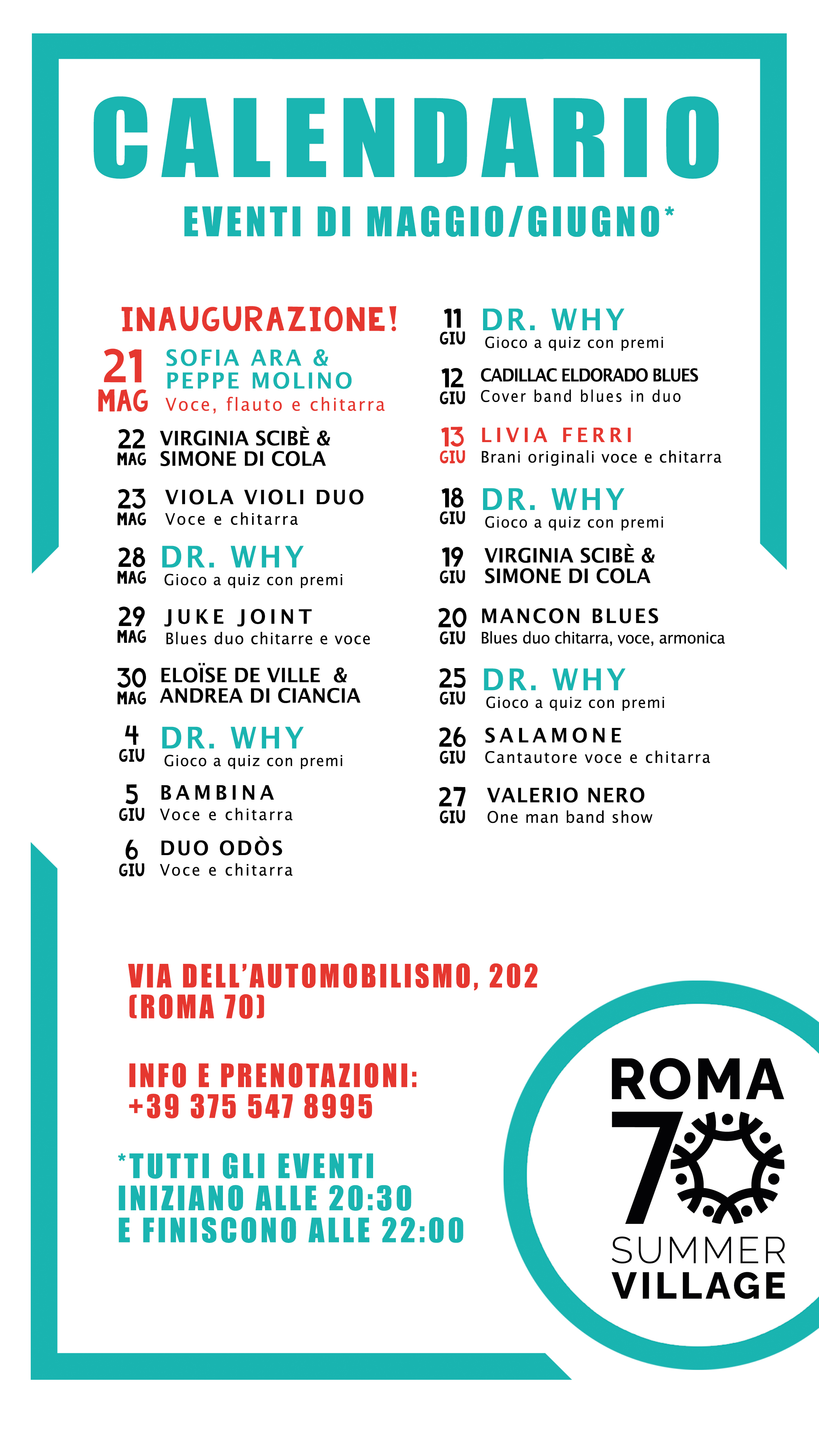 Programma eventi maggio e giugno 2026 — ROMA70 Summer Village